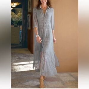 New Soft Surroundings Ibiza Embroidered Gray Kaftan Maxi Dress size large